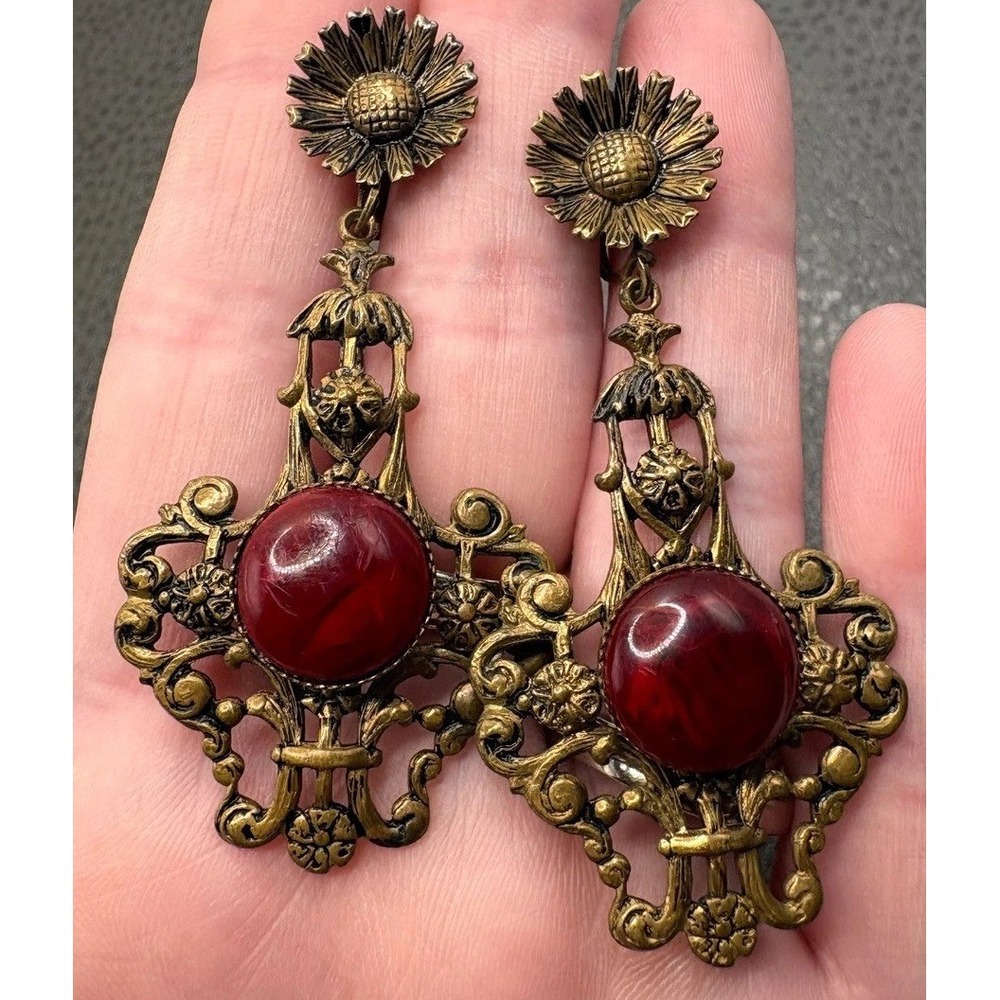 Vintage Czech Art Nouveau Deco Glass Cabochon Flower Dangle Earrings Brass Tone